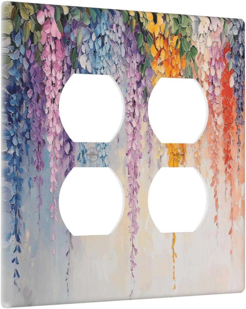 Colorful Wildflower Wisteria Cascade Floral Flower Outlet Covers 2 Gang Double Duplex Decorative Light Switch Covers Electrical Wallplates Socket Faceplate for Bedroom Living Room Decor