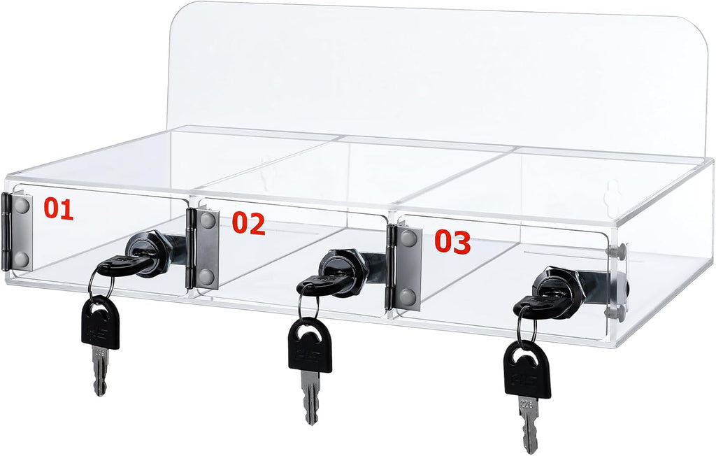 Threan 3 Slot Cell Phone Storage Box, Clear Cell Phone Storage Cabinet Wall Mounted, Including Door Locks and Keys for Office School Factory Classroom Students Staff