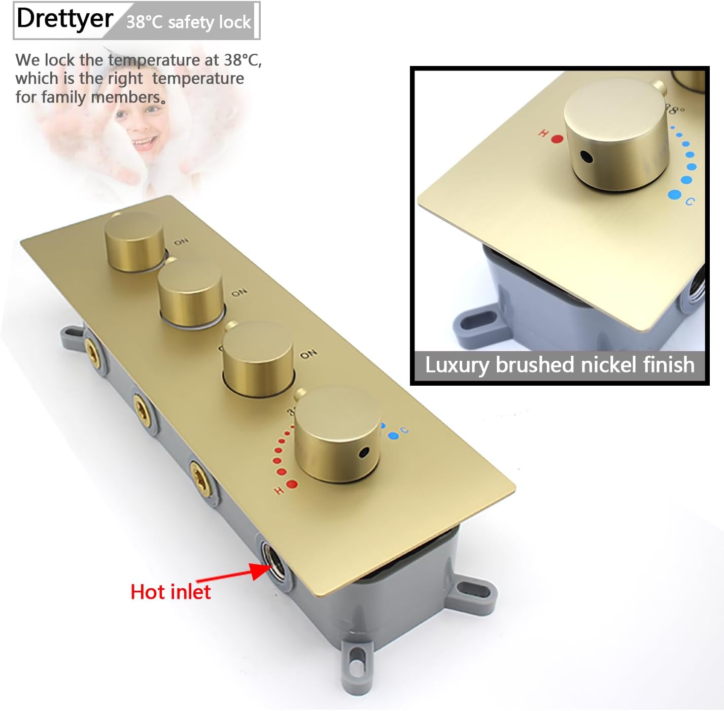 Thermostatic 3 Way Shower Diverter Valve, Modern Bathroom Concealed Brass Mixer Mixing Faucet Valve Kit Single Handle Control Flow Can Use At The Same Time, Brushed Gold