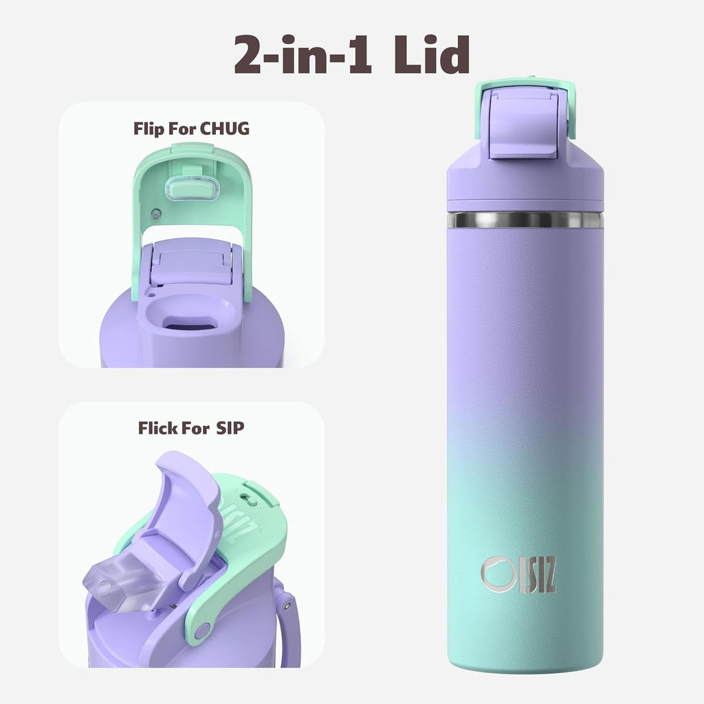 OISIZ Insulated Water Bottle 24 oz with 2 in 1 Spout and Straw Lid,One Click Safety Lock,100% Leakproof,Keep Cold 24H,Vacuum Stainless Steel Water Bottle for School,Travel and Sports,Dishwasher Safe