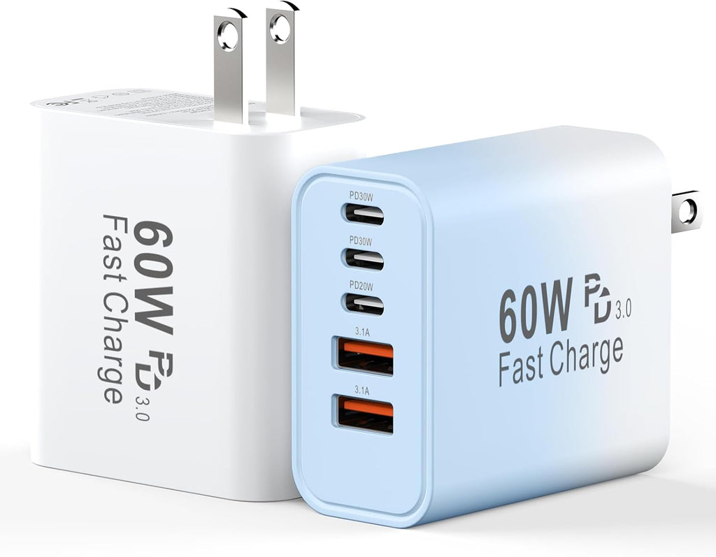 USB C Fast Charger Block, 60W 5-Port USB C Wall Charging Blocks, Type C Chargers Fast Charging Brick, 3USB C+2USB A PD&QC3.0 Multiport Charger Plug for Phone 17/16/15/14/13 ProMax, White+Blue Gradient