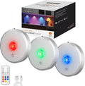 RGB Puck Lights with Remote Control, 2000mAh Battery Operated Tap Lights Rechargeable, 9 Colors & 2 Dynamic Changing Under Cabinet Lighting, Magnetic Stick on Light for Closet(Silver, 3 Pack)