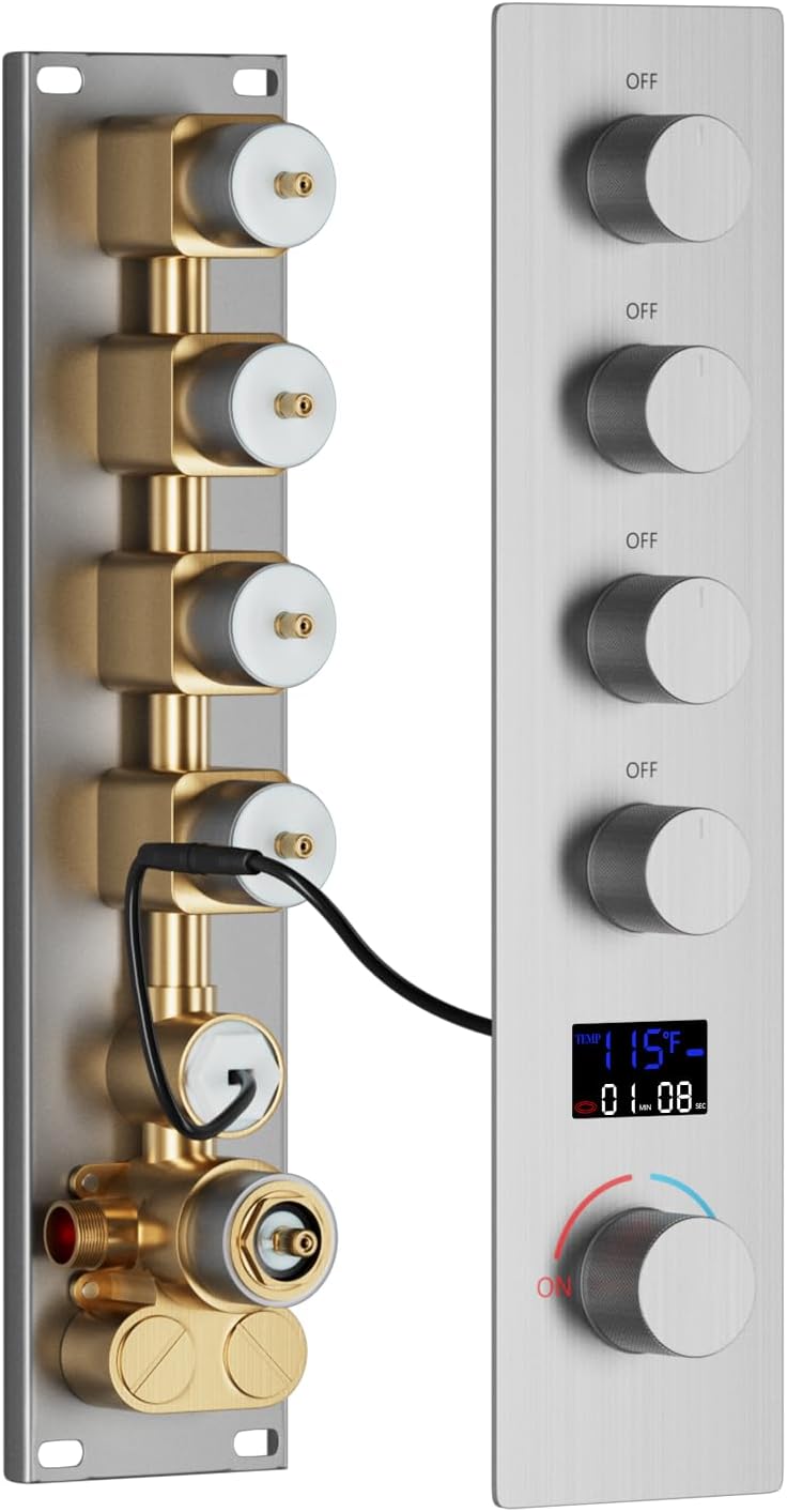 4 Way Shower Diverter Valve 4 Outlets Multi Function Brass Temperature Digital Display Shower Mixer Valve Can Run Simultaneously and Flow Control Brushed Nickel