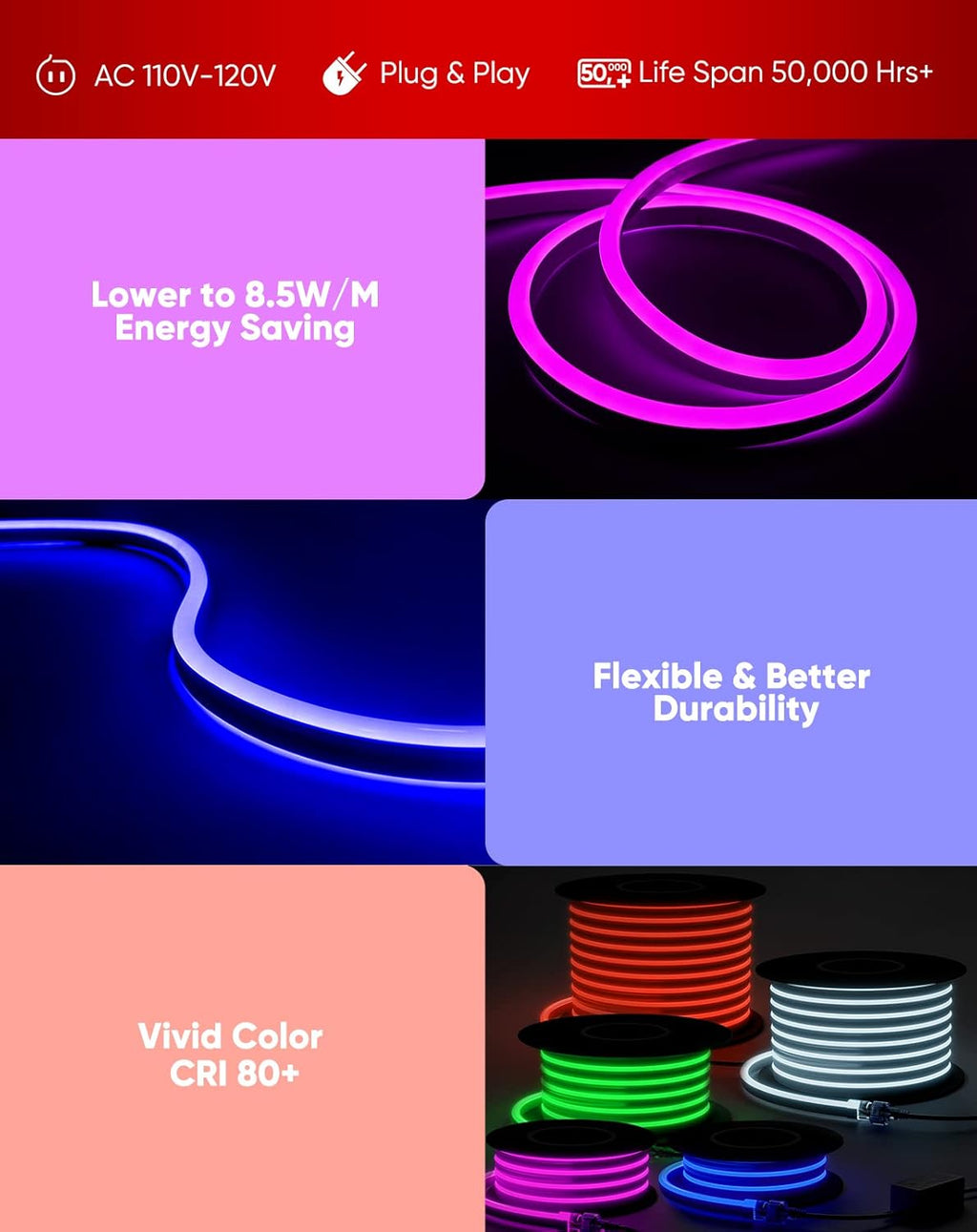 Shine Decor LED RGB Neon Rope Lights AC 120V, Expandable & Cuttable Bright Strip Lighting with Remote, Dimmable Color Changing, ETL Cold-Resistant & IP65 Waterproof for in&Outdoor, 10x20mm, 131.2FT