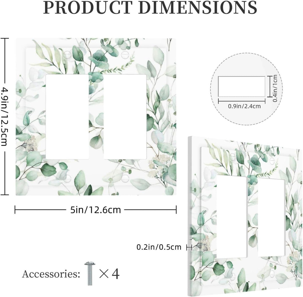Boho Green Eucalyptus Leaf Floral Plants Flowers Decorative Outlet Covers 2 Gang Double GFCI Rocker Electrical Wall Panels Light Switch Cover Plate for Bed Room Living Room Decor