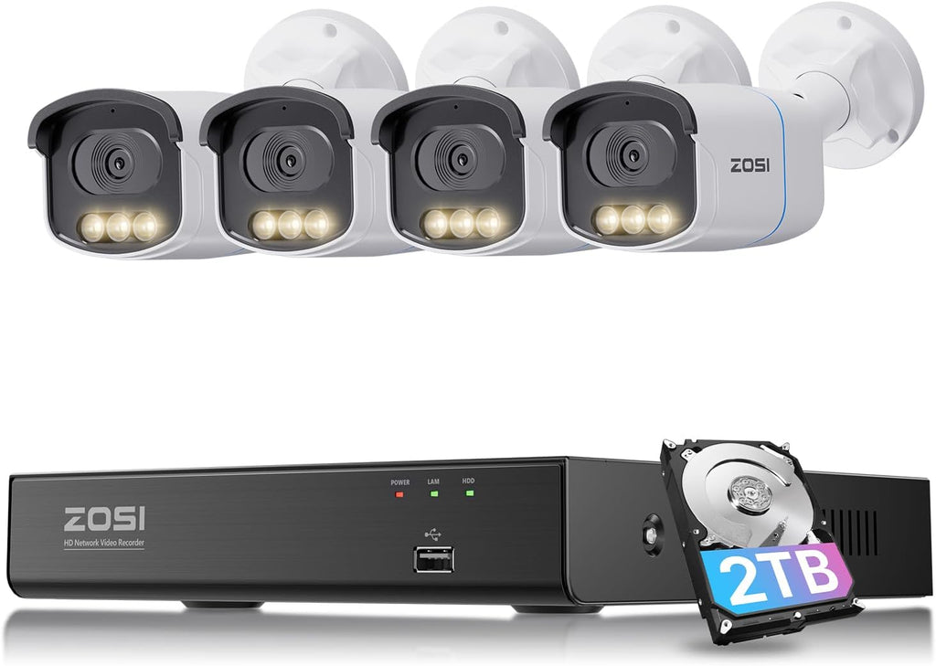 ZOSI 4K 8MP 8CH PoE Security Camera System, 4pcs 3K 5MP C186 Aurora Lux True Full Color Night Vision Outdoor Indoor PoE Wired Cameras, Person/Vehicle Alerts, Light & Siren, Two-Way Talk, with 2TB HDD