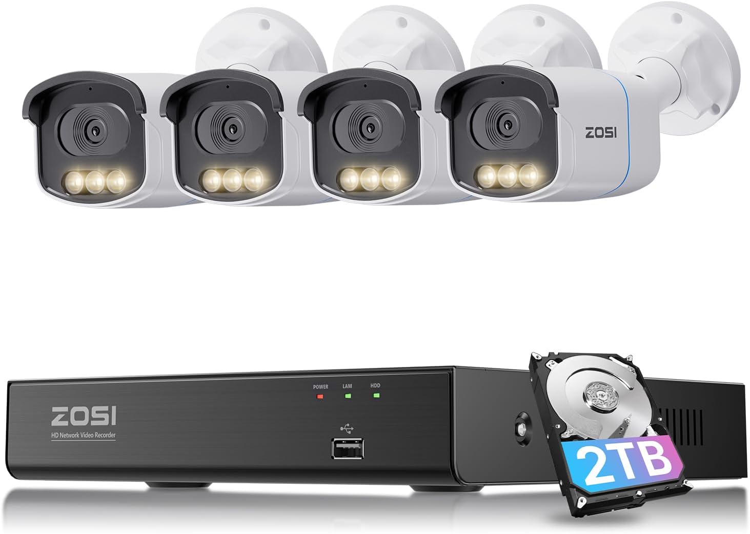 ZOSI 4K 8MP 8CH PoE Security Camera System, 4pcs 3K 5MP C186 Aurora Lux True Full Color Night Vision Outdoor Indoor PoE Wired Cameras, Person/Vehicle Alerts, Light & Siren, Two-Way Talk, with 2TB HDD