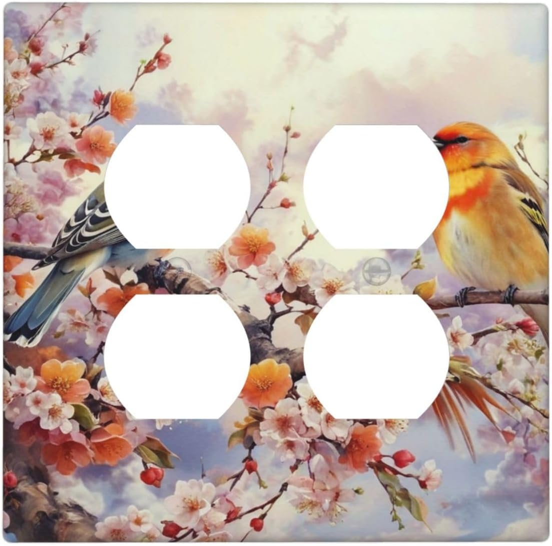 Decorative Outlet Covers Birds Sitting on Tree Branch Pink Flower 2 Gang Wall Plate Double Duplex Light Switch Cover Switch Plate Covers Faceplate for Bedroom Home Decor