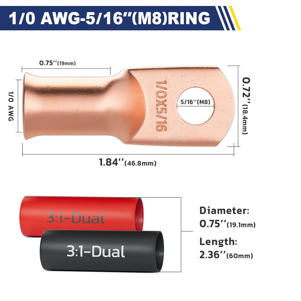 haisstronica 10pcs 1/0 AWG - 5/16"(M8) Battery Cable Lugs, Heavy Duty Copper Wire Lugs with 10pcs 3:1 Adhesive Heat Shrink Tubing, 0Gauge Wire Connectors Battery Terminal Connector, Battery Cable Ends