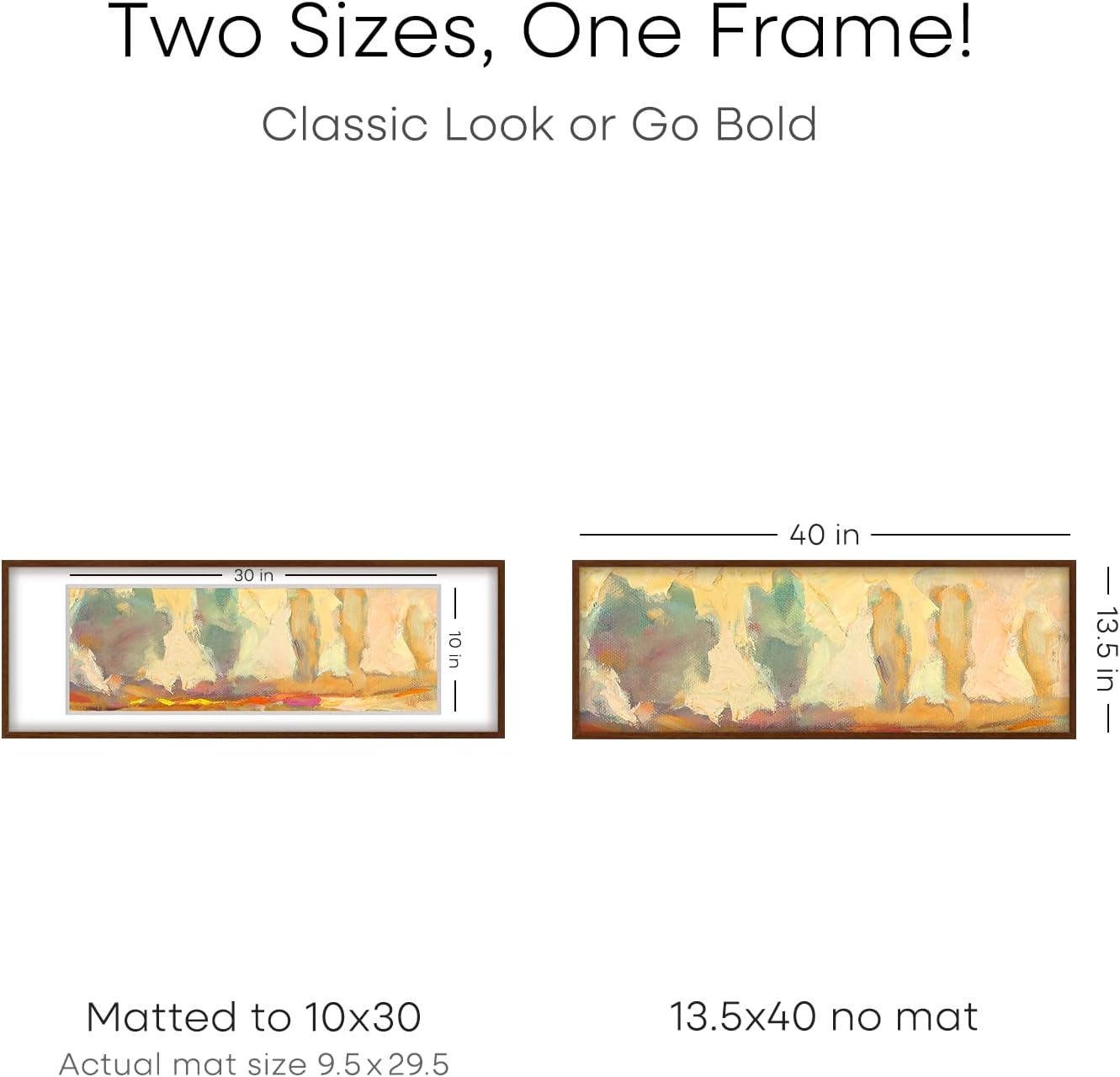 Homeforia 13.5x40 Picture Frame Brown, High End Dark Oak 13.5by40 Walnut Wood Poster Frame with Mat 10x30, 13.5 x 40 Panoramic Wooden Frames Matted to 10 x 30 Print, Tempered Glass, Wall Kit, Set of 1