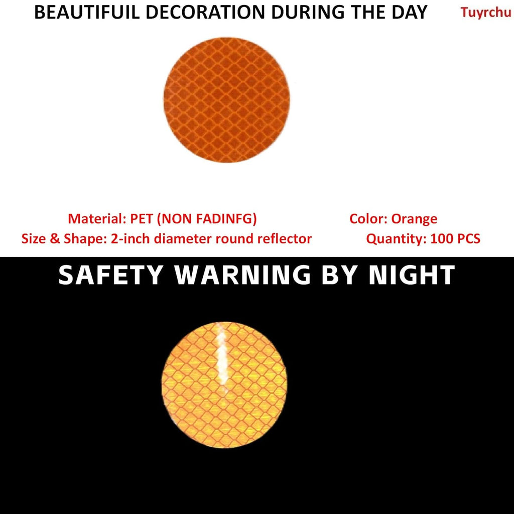 Non Fading Orange Reflective Stickers 2-inch Diameter Round Reflector, Outdoor Waterproof High Visibility Warning Adhesive Tape (100 Pcs)