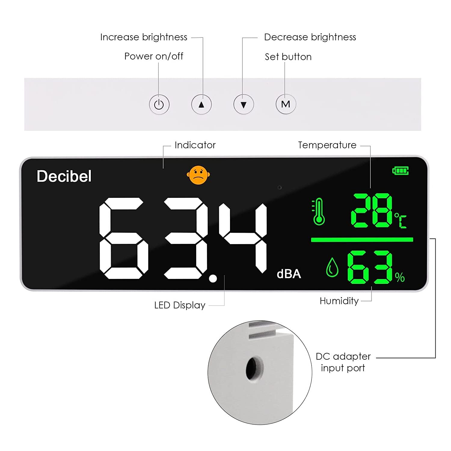 Decibel Meter, Wall Hanging Sound Level Meter, Noise Decibel Meter, 3 in 1 Noise Temperature Humidity Meter, 30 to 130dB Range, with 11in Large LED Display Screen, for Classroom