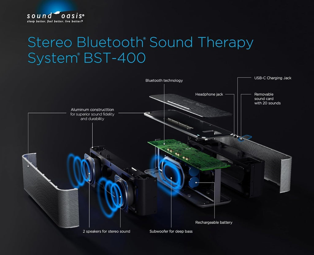Sound Oasis Stereo Bluetooth Sound Machine for Sleep and Tinnitus Masking, 20 Non-Looping Soothing Sounds Plus Pink Noise, Hi-Fidelity Speakers, Portable Sound Therapy for Home, Baby, Office or Travel