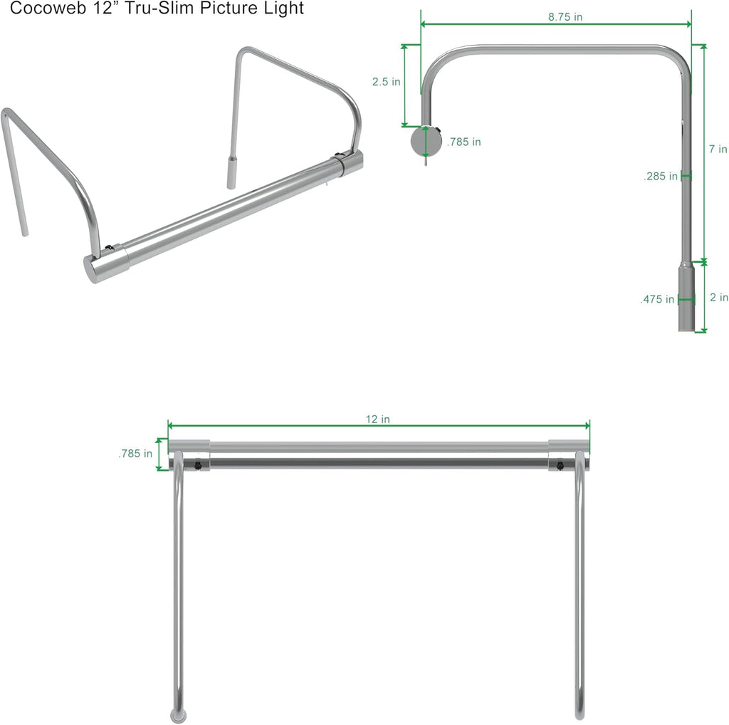 Cocoweb 12 Inch Tru-Slim Chrome Picture Light - LED, 2700K, Adjustable Arm, Plug-in, Toggle Switch, Sleek and Compact Design
