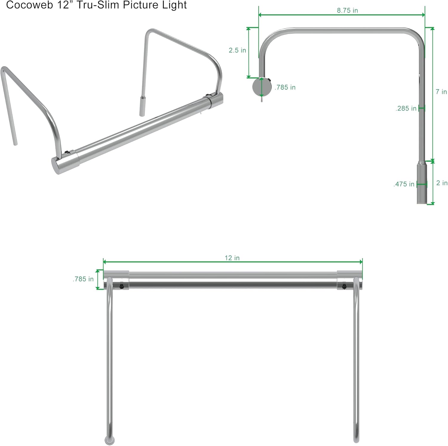 Cocoweb 12 Inch Tru-Slim Chrome Picture Light - LED, 2700K, Adjustable Arm, Plug-in, Toggle Switch, Sleek and Compact Design