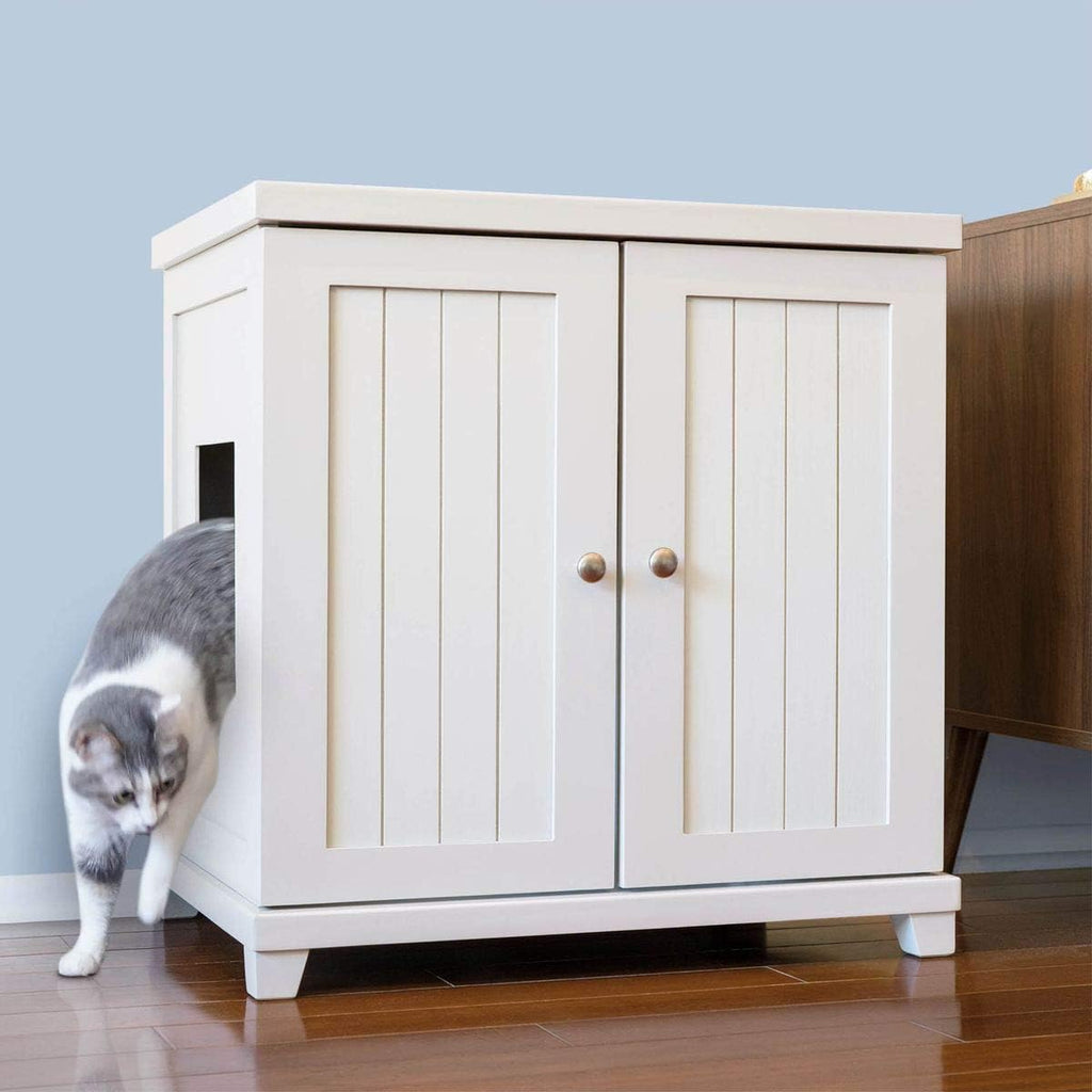 THE REFINED FELINE Cat Litter Box Enclosure Cabinet, Cottage, White, Tapered Feet, Large, Hidden Litter Cat Furniture with Drawer