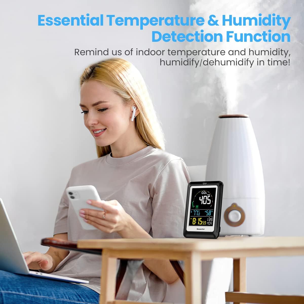 Newentor CO2 Detector with Indoor Temperature Humidity, CO2 Monitor with Clock Alarm, Carbon Dioxide Detector for Home, Portable Air Quality Monitor CO2 Meter Sensor for Tent Garden Plant, Black