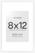 Homeforia 8x12 Picture Frame White, High End Metal 8 x 12 Poster Frames with Mat 6 by 8 for Photo, 12x8 Frame Matted to 6x8 inch Print, 8by12 Wall or Tabletop Frame, Tempered Glass, Wall Kit, Set of 1