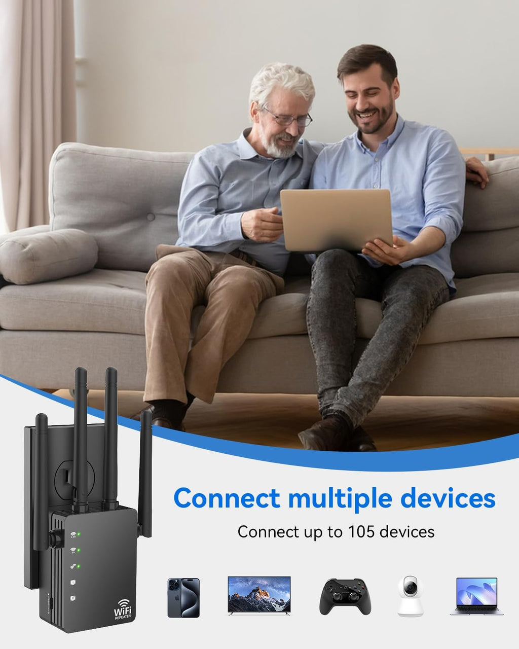 WiFi Extender with 4 Antennas 1200Mbps - Dual Band 5GHz/2.4GHz, WiFi Extender Signal Booster with 3 Modes Support, WiFi Repeater with 12880 Sq.ft 105 Devices, Easy Set Up for Home