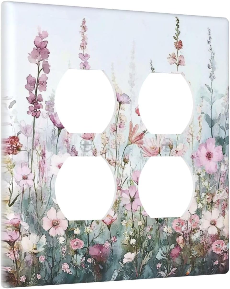 Pink Floral Watercolor Botanical Wildflowers Outlet Covers 2 Gang Double Duplex Decorative Light Switch Covers Electrical Wallplates Socket Faceplate For Bed Room Living Room Decor
