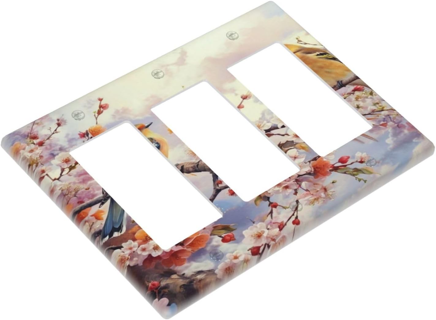 Birds Sitting on Flowers Tree Branch 3 Gang Rocker Triple Outlet Wall Plate Decorative Switch plate Cover Faceplate GFCI Light Switch Covers for Farmhouse Living Decor