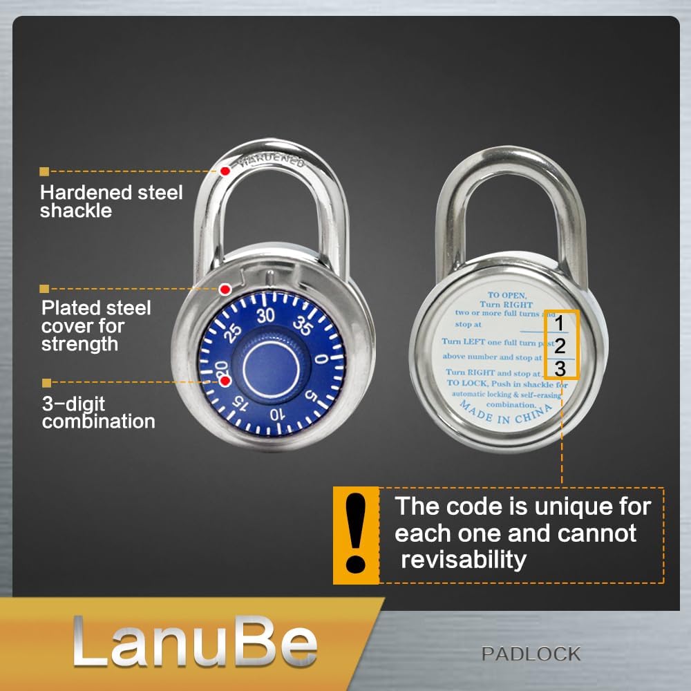 LanuBe Standard Dial Combination Lock, 2 inches. Wide, with Different Combinations, Blue Turnplate, Pack of 12; Lock for School, Employee, Gym Sports Locker, Case, Toolbox