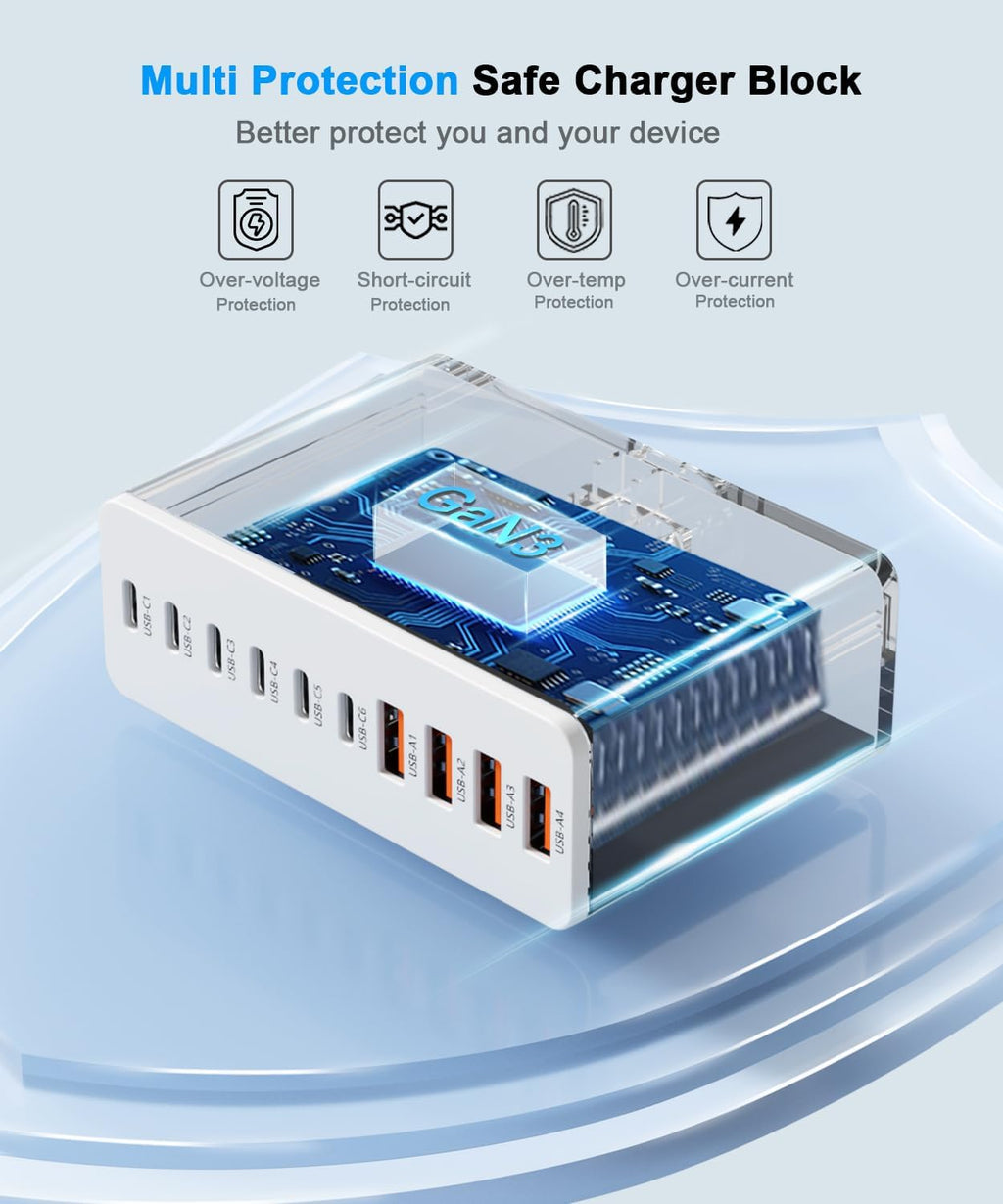 USB C Charging Station 10 Port with 4 USB Cables, 200W GaN Type C Charger Block, Wall Charger Power Strip Adapter Plug for iPad iPhone17 16 15 14 13 12 Pro Max Pixel Note Galaxy