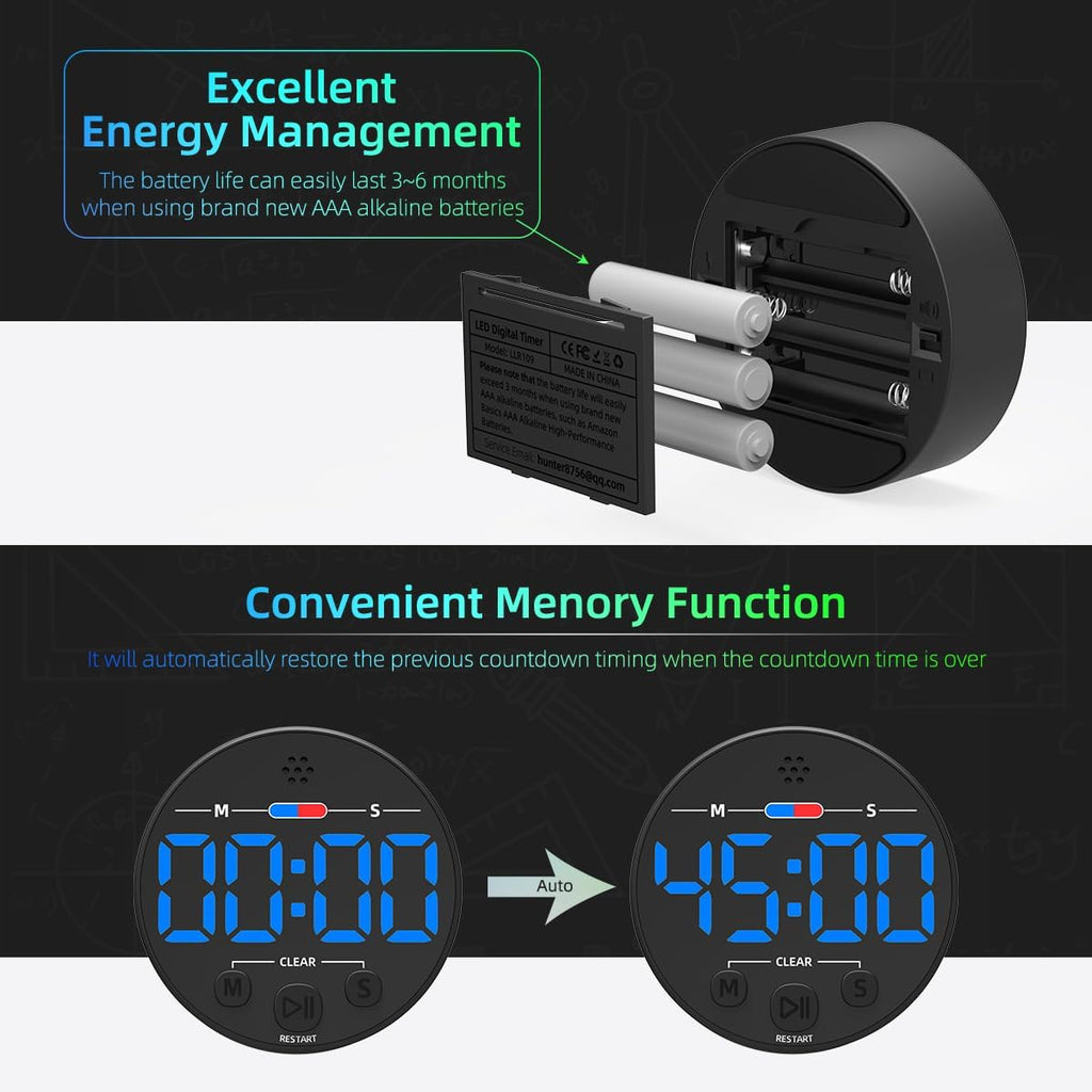 Visual Digital Timer for Kitchen, Classroom, Kids, Productivity, Magnetic Countdown Timer for Egg Cooking, Toddler, Focus, Work, Task, Small Desk with Large LED Display, Super Loud Alarm - Blue