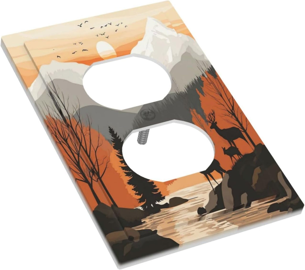 Sun Forest Deer Snow Mountain River Outlet Covers 1 Gang Duplex Light Switch Cover Decorative Switch Plates Electrical Receptacle Faceplate Wall Plate For Bed Room Living Room Decor