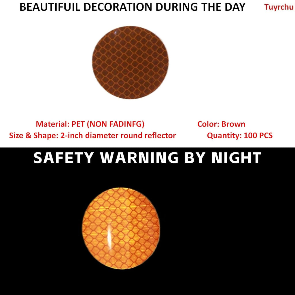 Non Fading Brown Reflective Stickers 2-inch Diameter Round Reflector, Outdoor Waterproof High Visibility Warning Adhesive Tape (100 Pcs)