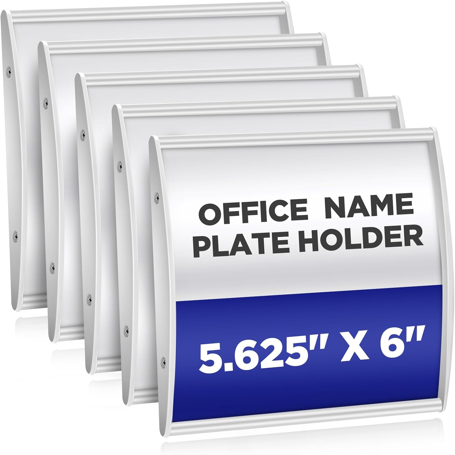 Set of 5 Curved Name Plate Holder for Doors 5.625" x 6" Wall Mount Office Business Door Sign Holder Aluminum Sign Frame with Adhesive Tape Plastic Film for Office Business Display, Silver