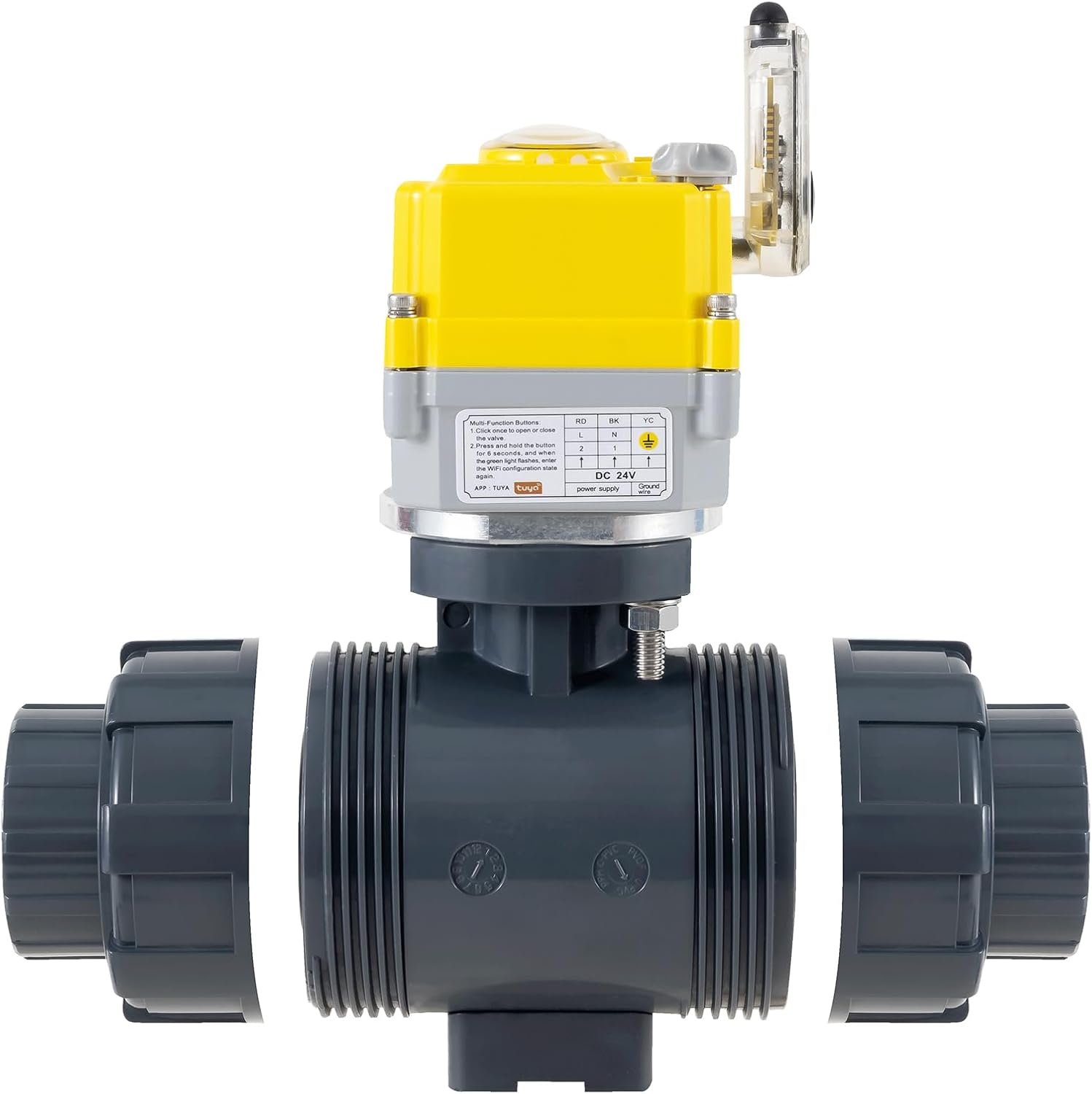 Smart electric valve 3/4 inch PVC joint ball valve Tuya APP smart wifi water shut-off valve DC24V AC110V-230V power adapter and power-off return setting. Timing water valve DN20MM