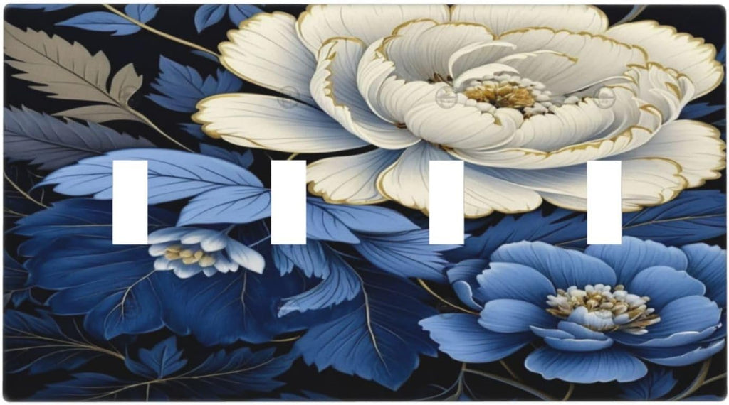 Blue White Flowers Light Switch Covers Quad Toggle 4 Gang Wall Plate Decorative Switchplate Electrical Faceplate for Farmhouse Bathroom Living Decor