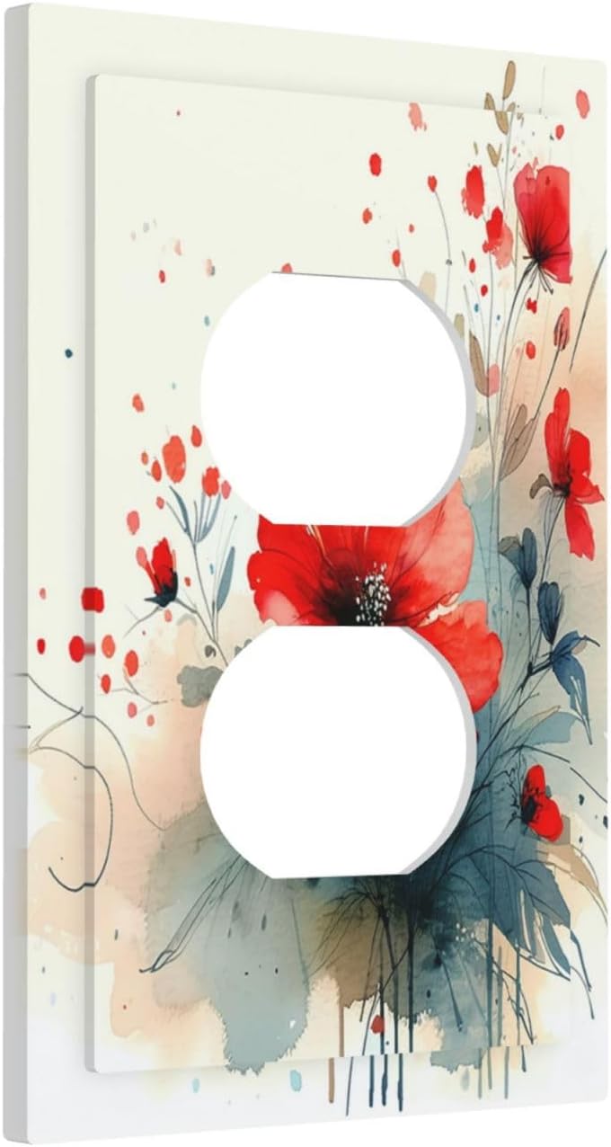 Vintage Floral Red Watercolor Modern Outlet Covers 1 Gang Duplex Light Switch Cover Wall Plate Decorative Switch Plates Electrical Receptacle Faceplate for Bedroom Bathroom Decor