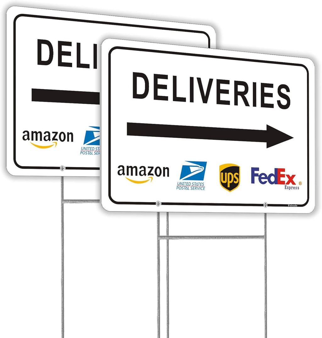 Deliveries Sign with Stake 12”x8” Delivery Sign with Arrow Right Aluminum Metal Delivery Instruction for Packages Easy Installation for Home