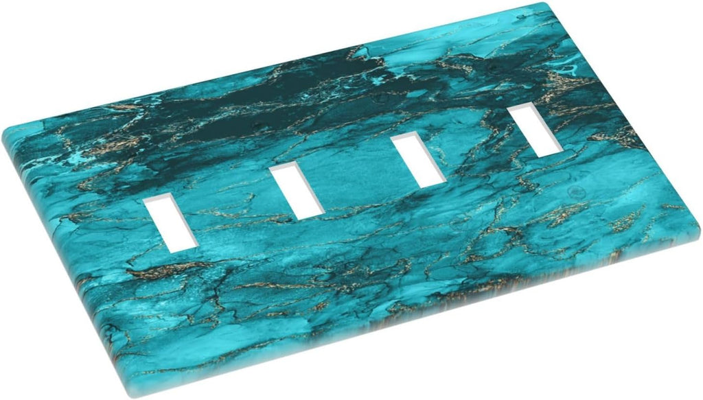 Decorative Light Switch Plate Covers Modern Abstract Turquoise Blue Marble Texture 4 Gang Artistic Wall Plate Unique Quad Toggle Light Switch Covers for Bathroom Home Decor