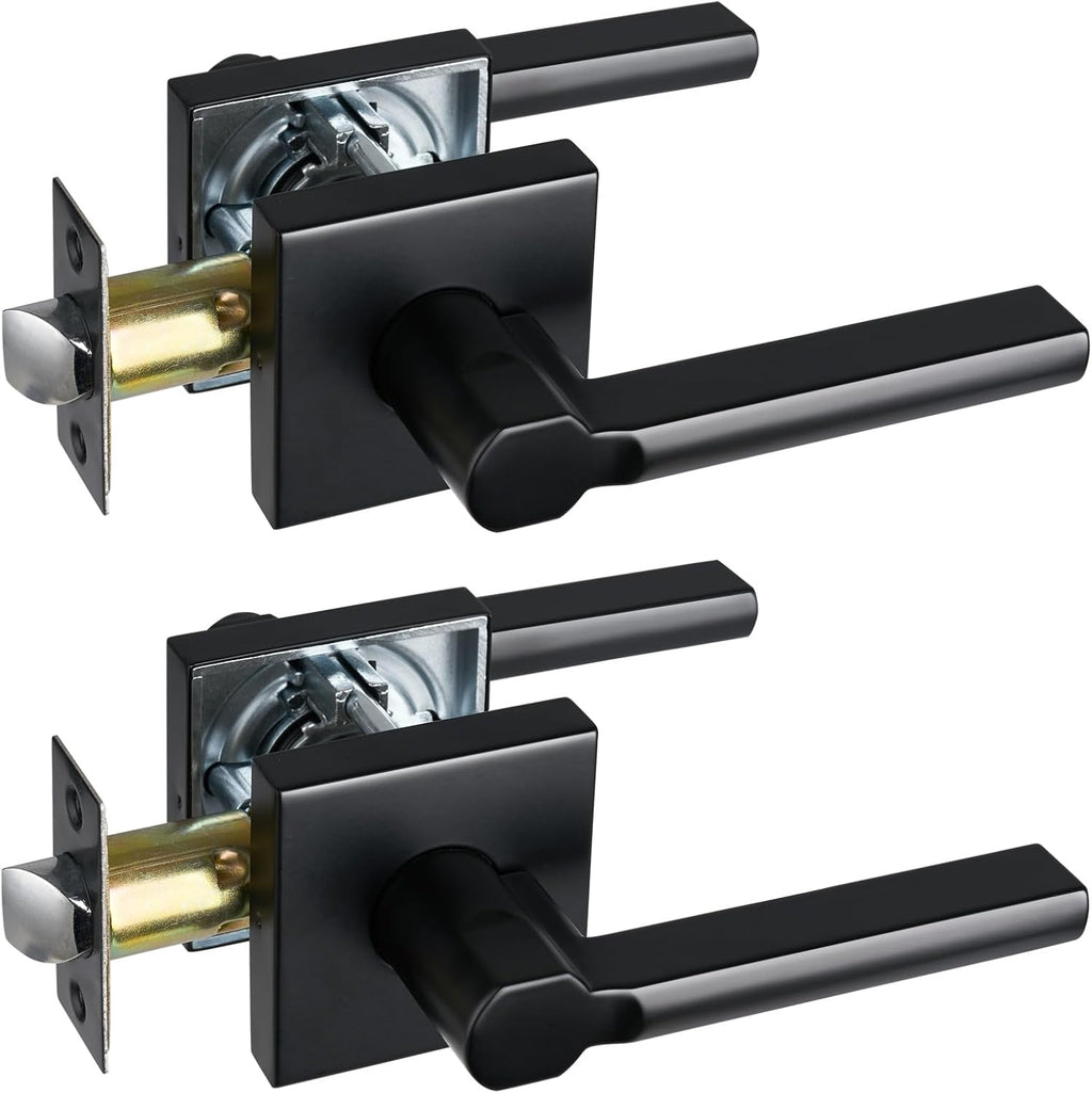 Passage Door Lever (No Lock), Heavy Duty Interior Square Handle for Hallway and Closet, Matte Black, Reversible for Right&Left Handed, 2Packs