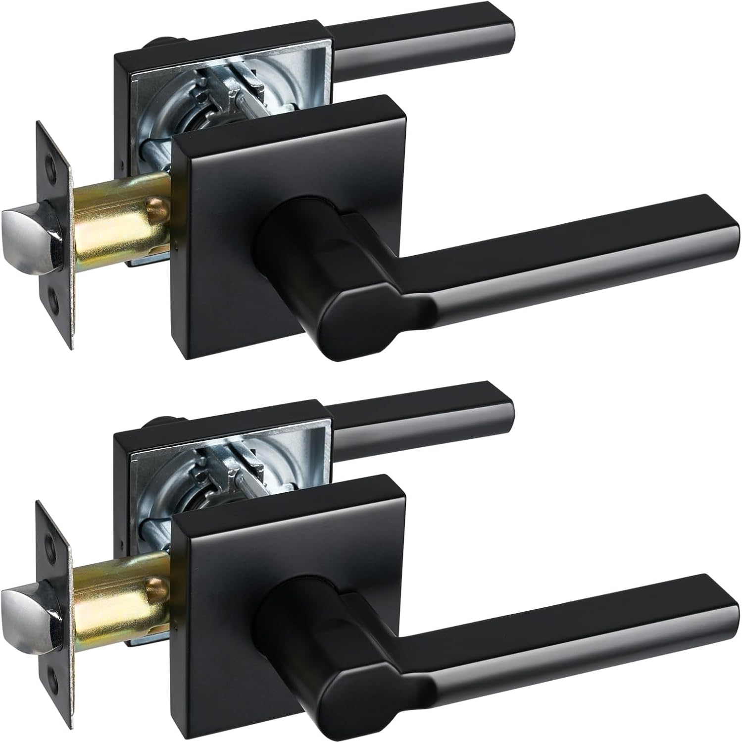 Passage Door Lever (No Lock), Heavy Duty Interior Square Handle for Hallway and Closet, Matte Black, Reversible for Right&Left Handed, 2Packs