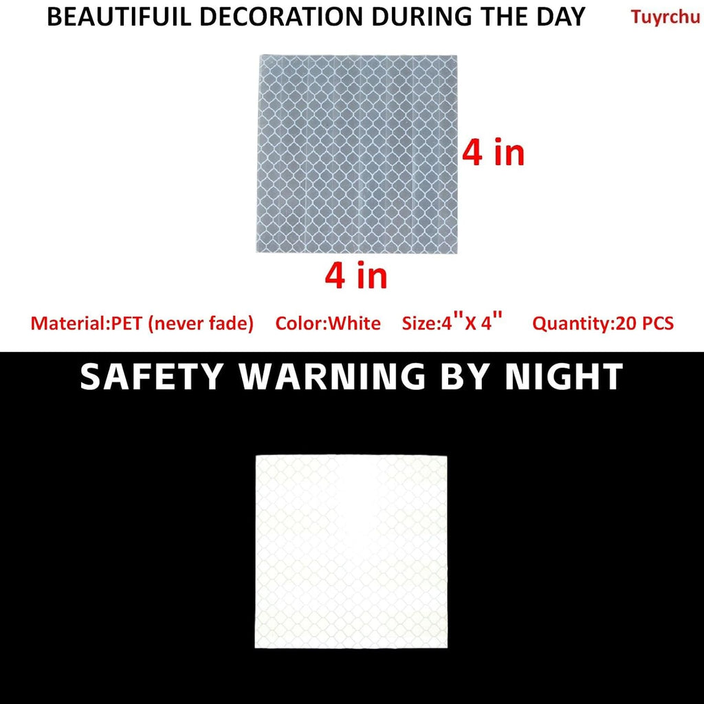 Non Fading White Reflective Stickers 4 inch X 4 inch, Outdoor Waterproof High Visibility Warning Safety Adhesive Reflector Tape (20 Pcs)