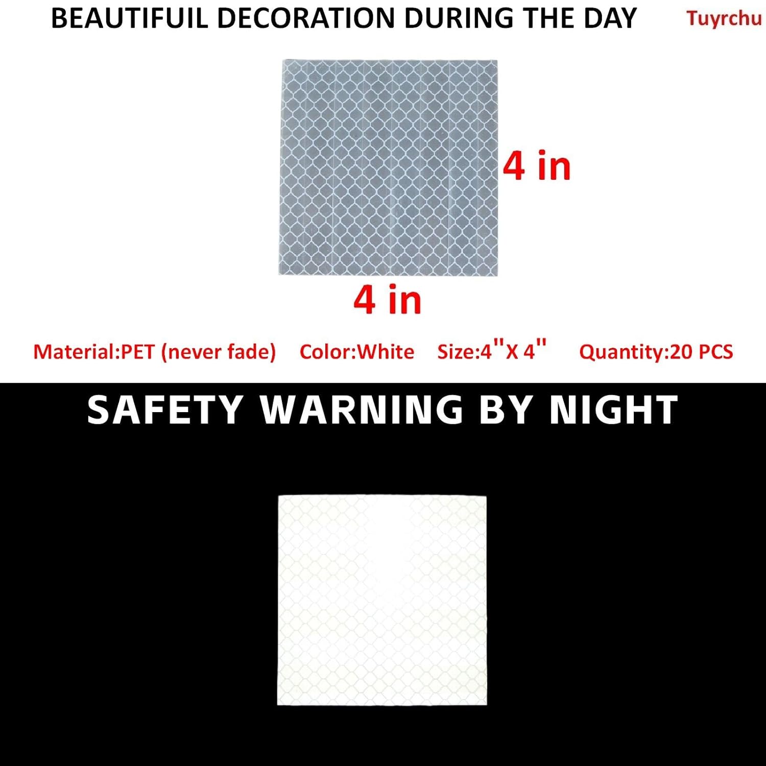 Non Fading White Reflective Stickers 4 inch X 4 inch, Outdoor Waterproof High Visibility Warning Safety Adhesive Reflector Tape (20 Pcs)