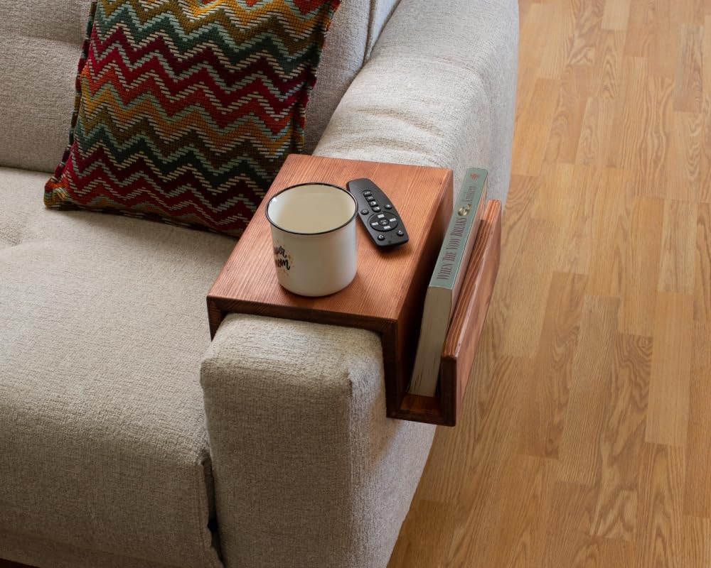 Wooden Couch Arm Tray – Sofa Armrest Table with Book & Magazine Holder, Perfect for Coffee & Remote Control, Solid Wood (Paris)