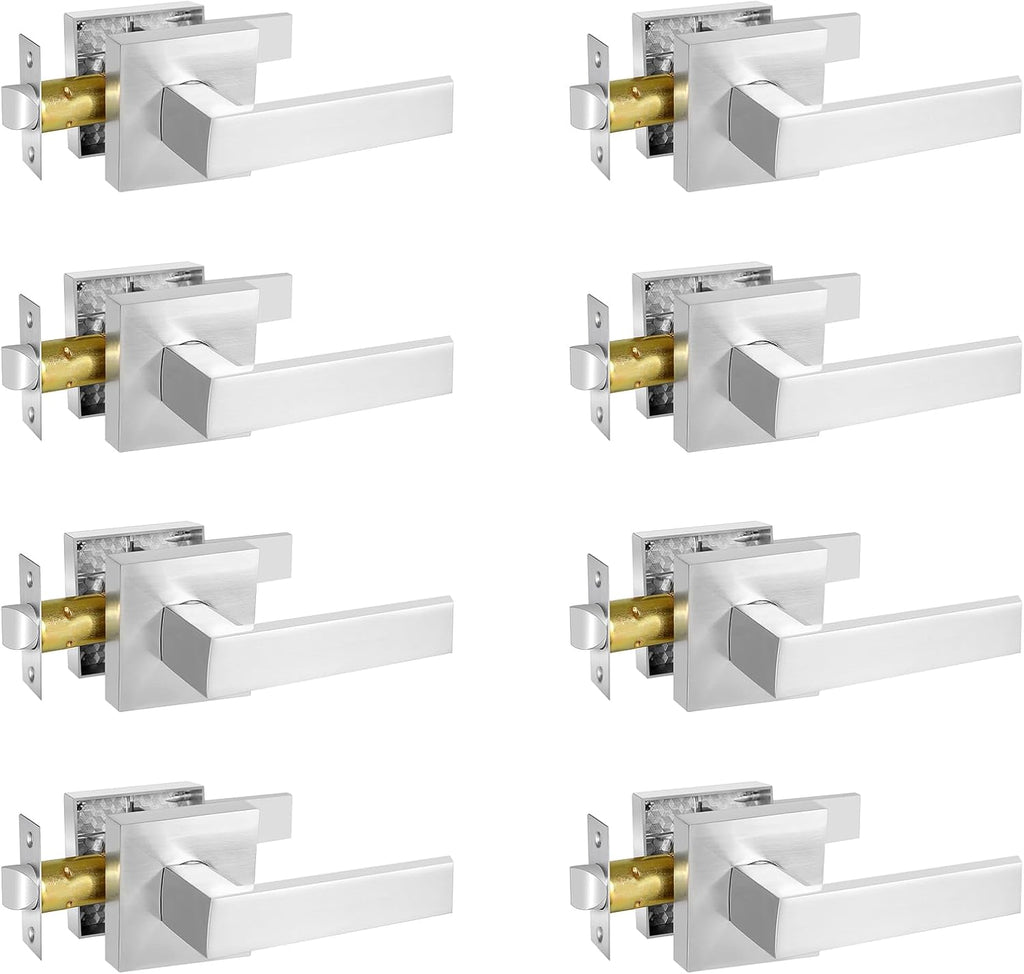 Square Passage Door Lever, Heavy Duty Interior Door Handles for Hallway& Closet Non-Locking Door Knob in Satin Nickel Keyless Door Lockset for Right & Left Side Door, 8 Pack