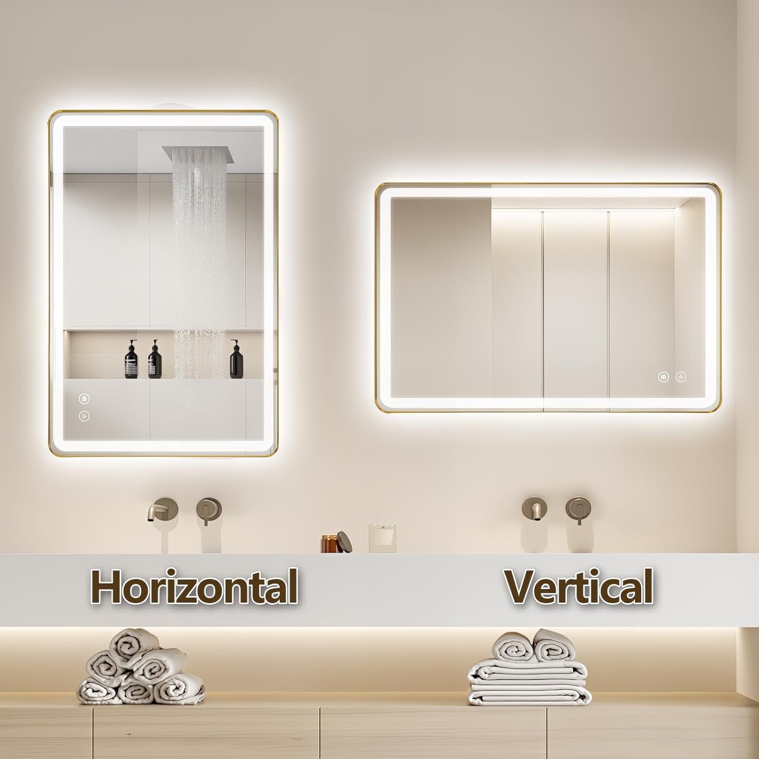 Rectangle LED Bathroom Mirror, 48"x30" Anti-Fog Double Touch Lighted Wall Vanity Mirror 45° Beveled Metal Frame Stepless Adjustable Color Temperature Smart Mirror 3000K-6000K, Gold