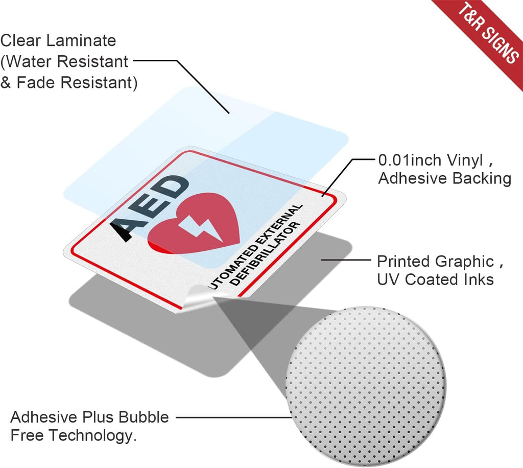 T&R AED Stickers - 10 Pack - 5 x 5 Inches Reflective Label, UV resistant, waterproof, fade and scratch resistant, suitable for indoor and outdoor