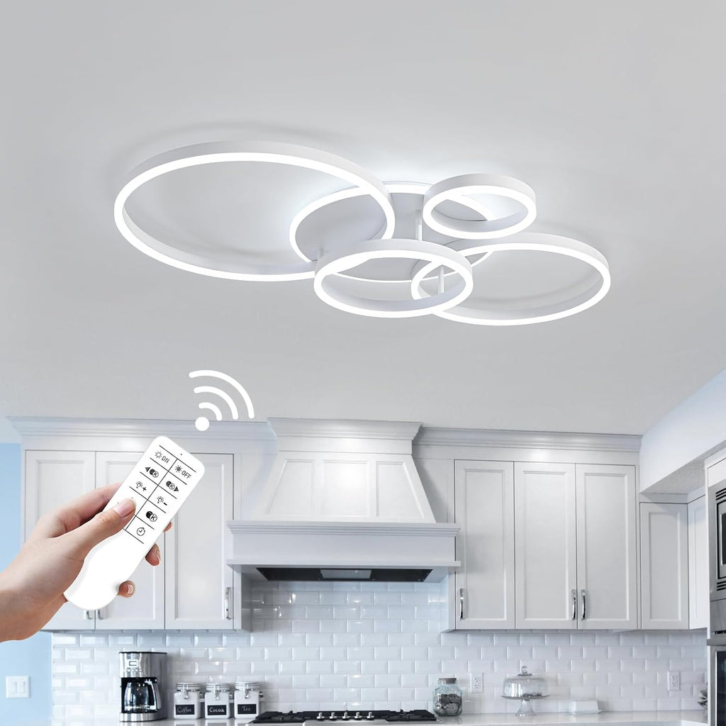 O'NEELDY Modern Light Fixtures Ceiling Flush Mount Modern Led Ceiling Lights 5-Light Dimmable Led Chandelier White Lamp with Remote for Bedroom Living Room Kitchen Dining Room, 100W