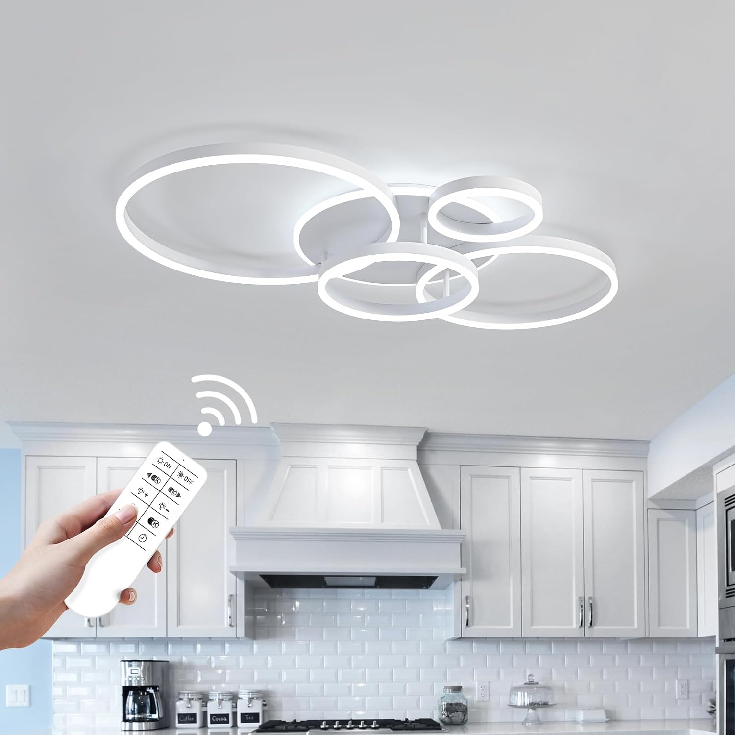 O'NEELDY Modern Light Fixtures Ceiling Flush Mount Modern Led Ceiling Lights 5-Light Dimmable Led Chandelier White Lamp with Remote for Bedroom Living Room Kitchen Dining Room, 100W
