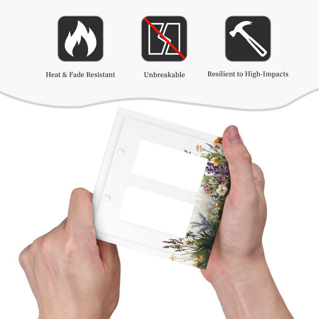 Decorative Outlet Covers White Background Colorful Flowers Plants Green Leaves 2 Gang Double Rocker Light Switch Cover Plate Electrical Switch Plate Cover Decorate GFCI Wall Plate for Bedroom Home