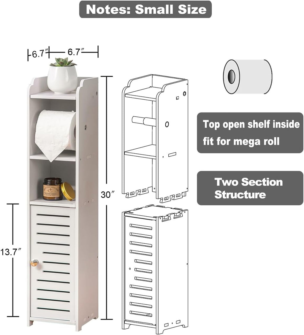 AOJEZOR Toilet Paper Holder Stand: No Drill PVC Small Bathroom Cabinet for Apartment Dwellers - Rental Deposit Protection - Small Space Storage Saving