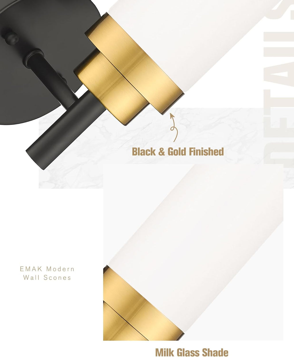 Emak Modern Wall Sconce, Black Gold Bathroom Light Fixtures with Milk Glass Shade, 2 Pack Wall Lamp for Bathroom, Bedroom, Living Room, Hallway, WS085-BKBGD-ML-2PK