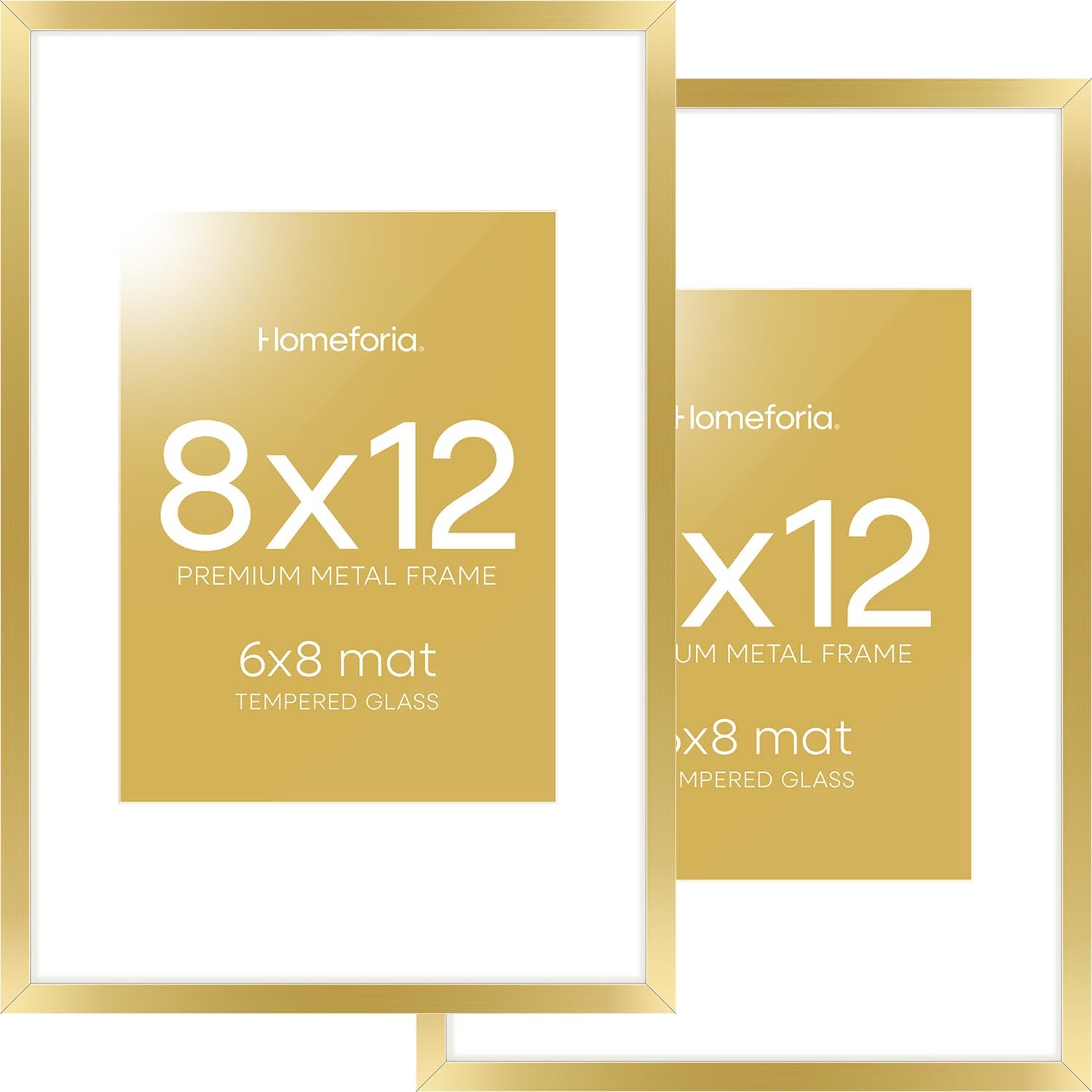 Homeforia 8x12 Picture Frame Gold, High End Metal 8 x 12 Poster Frames with Mat 6 by 8 for Photo, 12x8 Frame Matted to 6x8 inch Print, 8by12 Wall or Tabletop Frames, Tempered Glass, Wall Kit, Set of 2